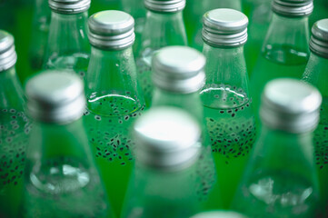 juice bottle package production line concept, manufacturing system of water industry machine working in factory plant and using automation equipment technology, food and drink beverage business work