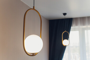 Antique vintage round white ceiling chandelier, bottom view. architectural decoration on the...