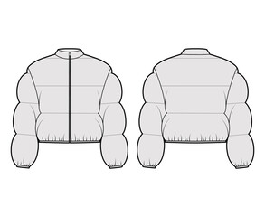 Down puffer jacket coat technical fashion illustration with long sleeves, stand collar, zip-up closure, boxy fit, crop length, wide quilting. Flat front, back, grey color style. Women, men, unisex CAD © Vectoressa
