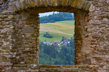 view from the window of a castle, Czorsztyn castle