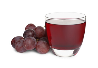 Glass of freshly made grape juice on white background
