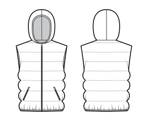 Hooded Down vest puffer waistcoat technical fashion illustration with sleeveless, loose fit, hip length, classic quilting. Flat template front, back, white color style. Women, men, unisex top mockup © Vectoressa