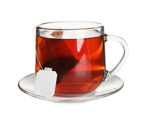 Glass cup of freshly brewed tea isolated on white