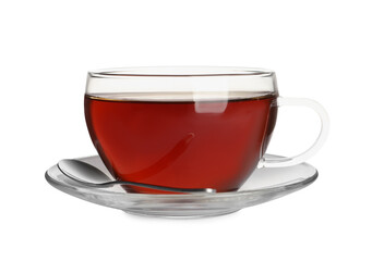 Glass cup of freshly brewed tea isolated on white