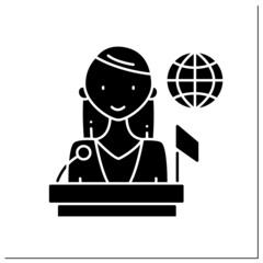 Politician glyph icon. Woman top career. Propose, support, and create laws or policies. Successful woman concept.Filled flat sign. Isolated silhouette vector illustration © Antstudio