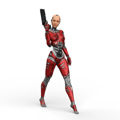 3D illustration of a futuristic female cyborg with red metallic body holding gun in right hand isolated on a white background.