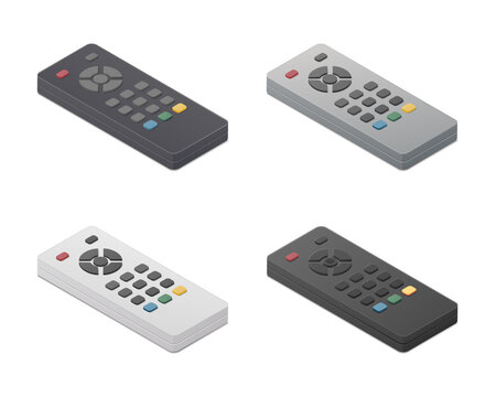 TV remote control set. Isometric colored vector Illustration. Isolated on white background. 