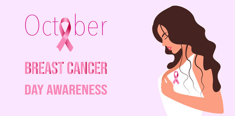 Young girl doctor with realistic pink ribbon, breast cancer awareness symbol, vector illustration. October  Cancer Awareness Month text background. Support and solidarity with women fighting oncology.