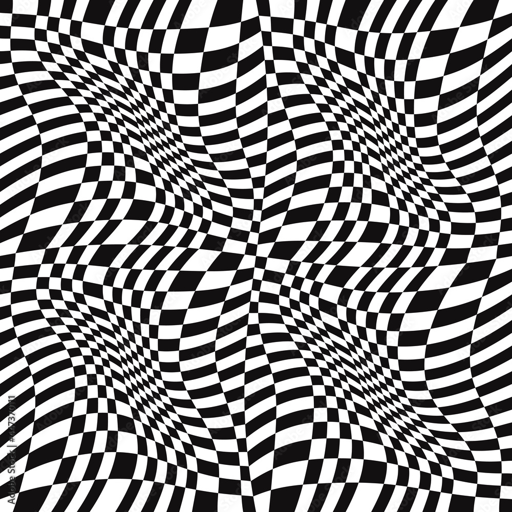 Poster 3d wavy canvas. vector wavy race flag. sport black and white squares. sample of twisted race flag wa
