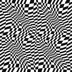 3D wavy canvas. Vector wavy race flag. Sport black and white squares. Sample of twisted race flag wallpaper.