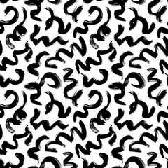 Fototapeta na wymiar Hand drawn wavy and swirled brush strokes seamless pattern. Vector black paint squiggles, swooshes line, freehand scribbles. Abstract wrapping paper, textile monochrome design. Grunge style pattern