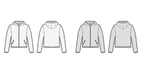 Hooded jacket Down puffer coat technical fashion illustration with zip-up closure, pockets, narrow quilting. Flat template front, back, white, grey color style. Women, men, unisex top CAD mockup