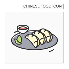 Chicken dumplings color icon. Chinese meat stuffed streamed, boiled or deep fried dough buns plate with sauce. Concept of tasty Asian home cooking recipes.Isolated vector illustration