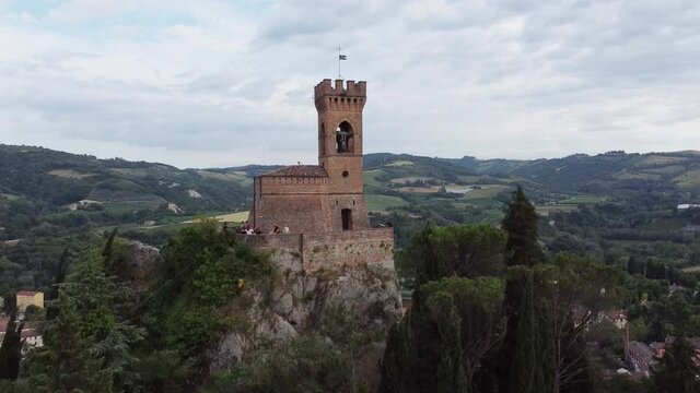 Aerial Drone footage view Machiavelli,Emilia Romagna ,Italy. Castle.Beautiful panoramic aerial view from flying drone on landmarks in Bologna