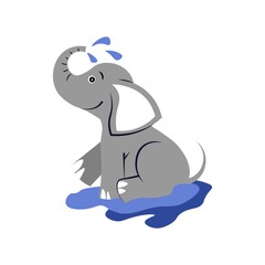 The elephant pours water on itself. Vector flat illustration. One animal isolated on a white background. 