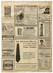 Newspaper pages antique advertising. Used grungy paper background