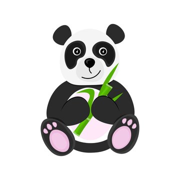 The panda is eating bamboo. Vector flat illustration. One animal isolated on a white background. 