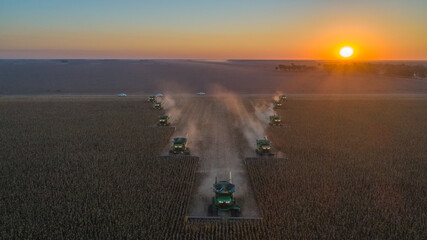 Aerial view of Combine Harvesters collecting seeds from fields with sunset background. Agriculture and field crops. Argentina.