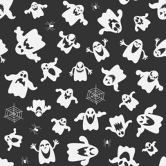 Seamless vector pattern for Halloween design. Halloween symbols: ghost and spider cartoon style. Vector Illustration