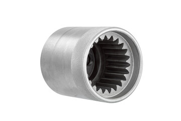 iron cup replacement details of polystyrol machine concrete pump with external thread and internal gear, spare part isolated on white background.