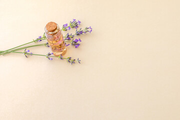 Small glass bottle with essential lavender oil and sprigs of lavender on a beige background with copy space. Spa or aromatherapy concept