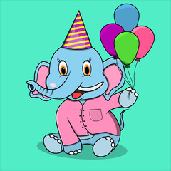 Character Elephant With Balloon and Birthday Theme, turquoise blue Colors Background, Mascot, Icon, Character or Logo, Vector and Illustration.