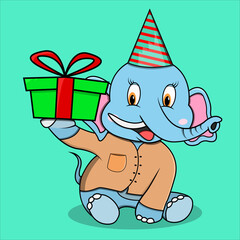 Obraz na płótnie Canvas Character Elephant with A Gift, turquoise blue Colors Background, Mascot, Icon, Character or Logo, Vector and Illustration.