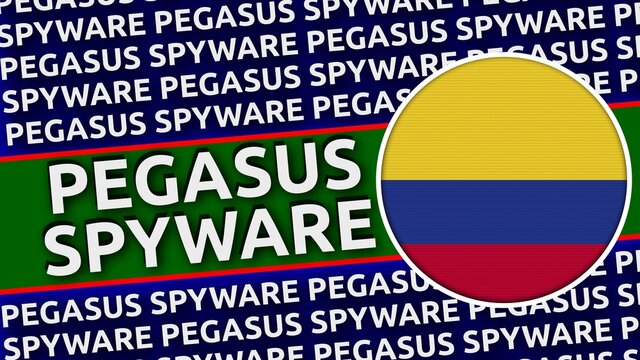 Colombia Circular Flag with Pegasus Spyware Titles Illustration
