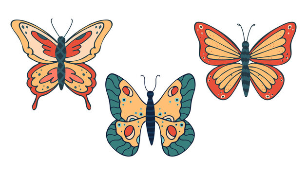 Set of bright different butterflies. Vector illustration isolated on white background.