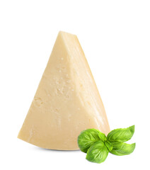 Delicious parmesan cheese and basil on white background