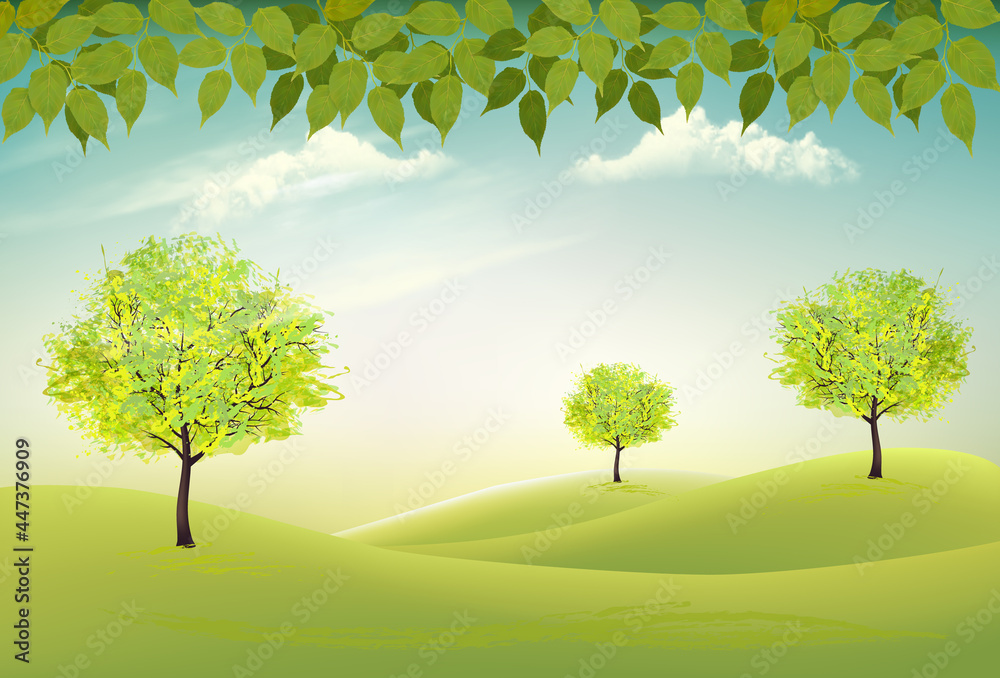 Poster summer nature background with a green trees and landscaper. vector