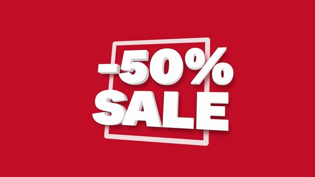 50 percent OFF. White 3D text looped animation with a fifty percent discount for the sale on red background. Concept discount. Super promotion. Black Friday. 4k