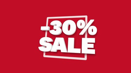 30 percent OFF. White 3D text looped animation with a thirty percent discount for the sale on red background. Concept discount. Super promotion. Black Friday. 4k