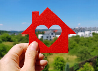 Hand holding red felt house on blurred background of cottage village in summer sunny day....