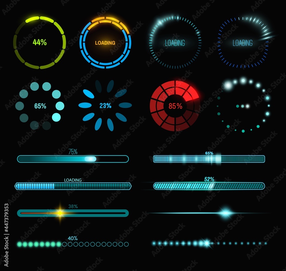 Leinwandbilder Loading process and status bar icons, HUD interface. Vector Sci Fi digital futuristic elements for dashboard, technology style neon glowing ui navigation for game menu design or web site data load