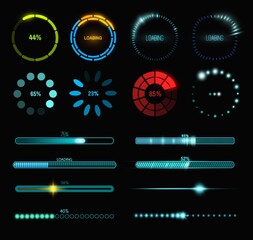Loading process and status bar icons, HUD interface. Vector Sci Fi digital futuristic elements for dashboard, technology style neon glowing ui navigation for game menu design or web site data load © Vector Tradition