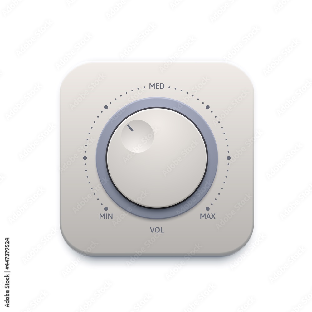 Aufkleber Music sound knob button, interface icon or audio control switch, vector. Music sound volume level knob button or player tuner with max and min dial panel, music amplifier tuner app