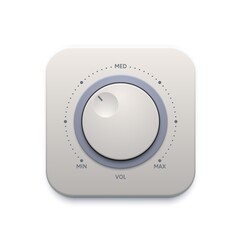 Music sound knob button, interface icon or audio control switch, vector. Music sound volume level knob button or player tuner with max and min dial panel, music amplifier tuner app