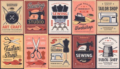 Tailor shop, dressmaking atelier and sewing workshop, vector retro posters. Dressmaker seamstress salon, custom tailoring art craft and clothing repair and alternation, premium handmade sewing service - obrazy, fototapety, plakaty