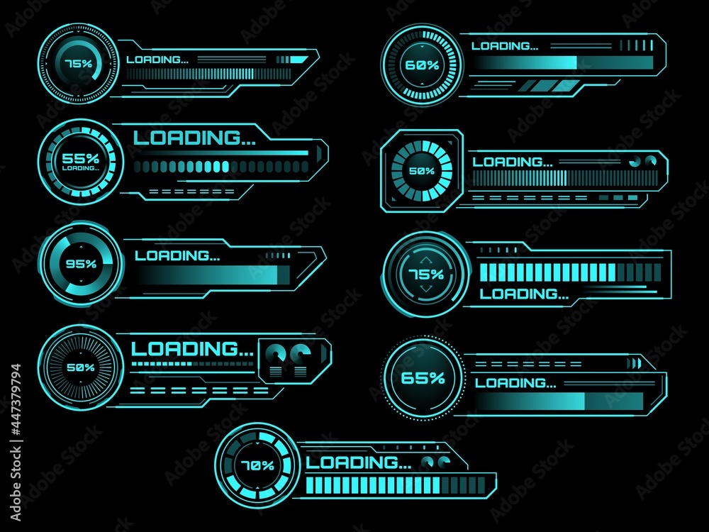 Poster HUD futuristic loading process and status bars, vector interface icons. HUD loading bars on digital screen for future technology, load power and download bars for game dashboard panel UI