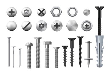 Metal bolts, screws, nuts and nails. Realistic vector metal fasteners and rivets, woodwork and metal works equipment, washers and self-tapping or thread-cutting screws - obrazy, fototapety, plakaty