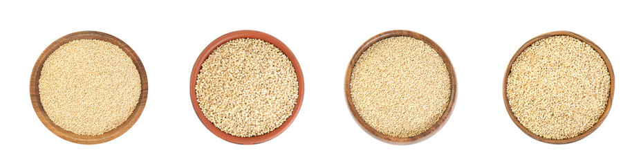 Set with raw quinoa in white background, top view. Banner design