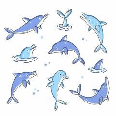 Fototapeta premium Set of doodle with cute characters dolphins. Vector illustration.