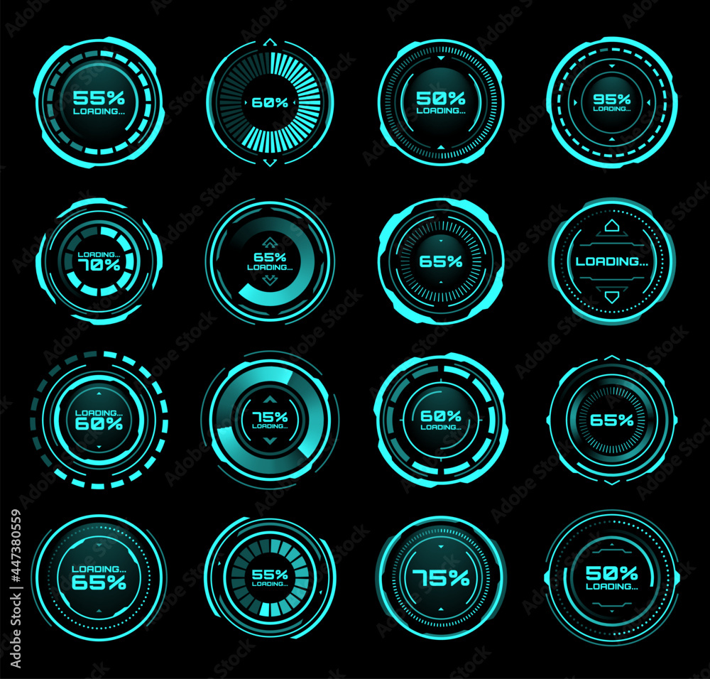 Leinwandbilder HUD futuristic loading bars of process and status interface vector icons. Digital technology panel with HUD downloading bars on neon screen or dashboard controls on display with percent status