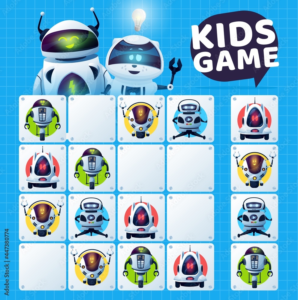 Poster Kids sudoku game with robots maze, vector education puzzle and logic riddle. Educational block game worksheet template with cartoon artificial intelligence robots and modern white android bots