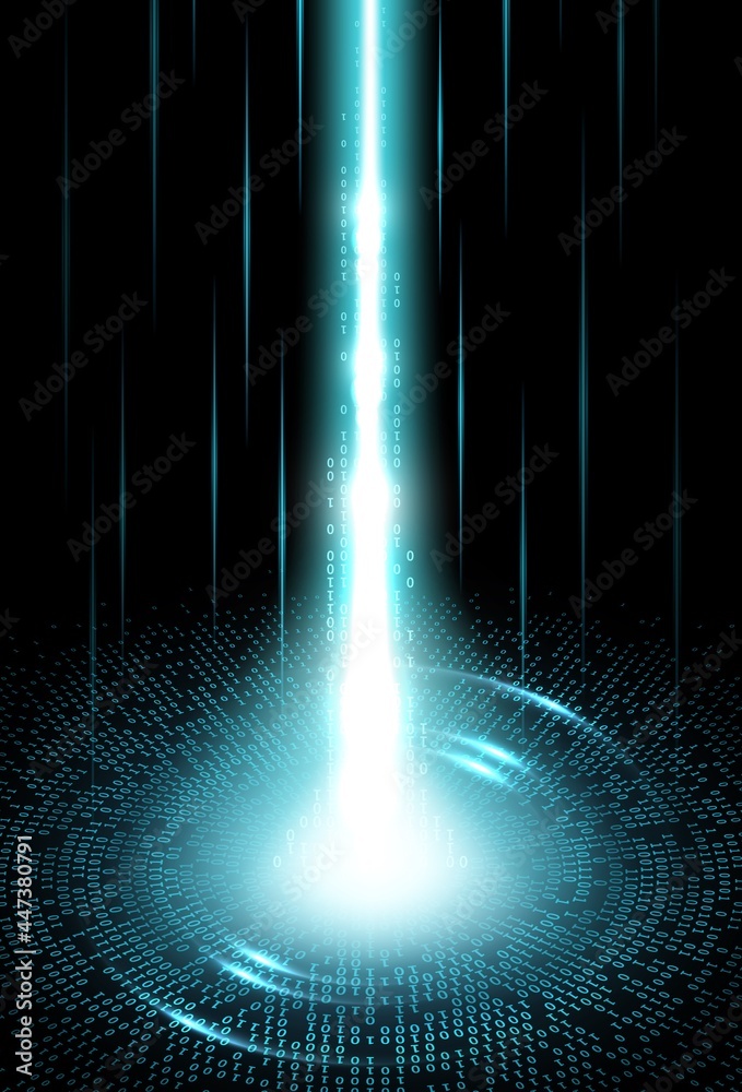 Aufkleber Big data internet technology. Digital network stream wave background. Information flow, computer program code and data transfer vector concept with blue neon light beam bursting from binary code