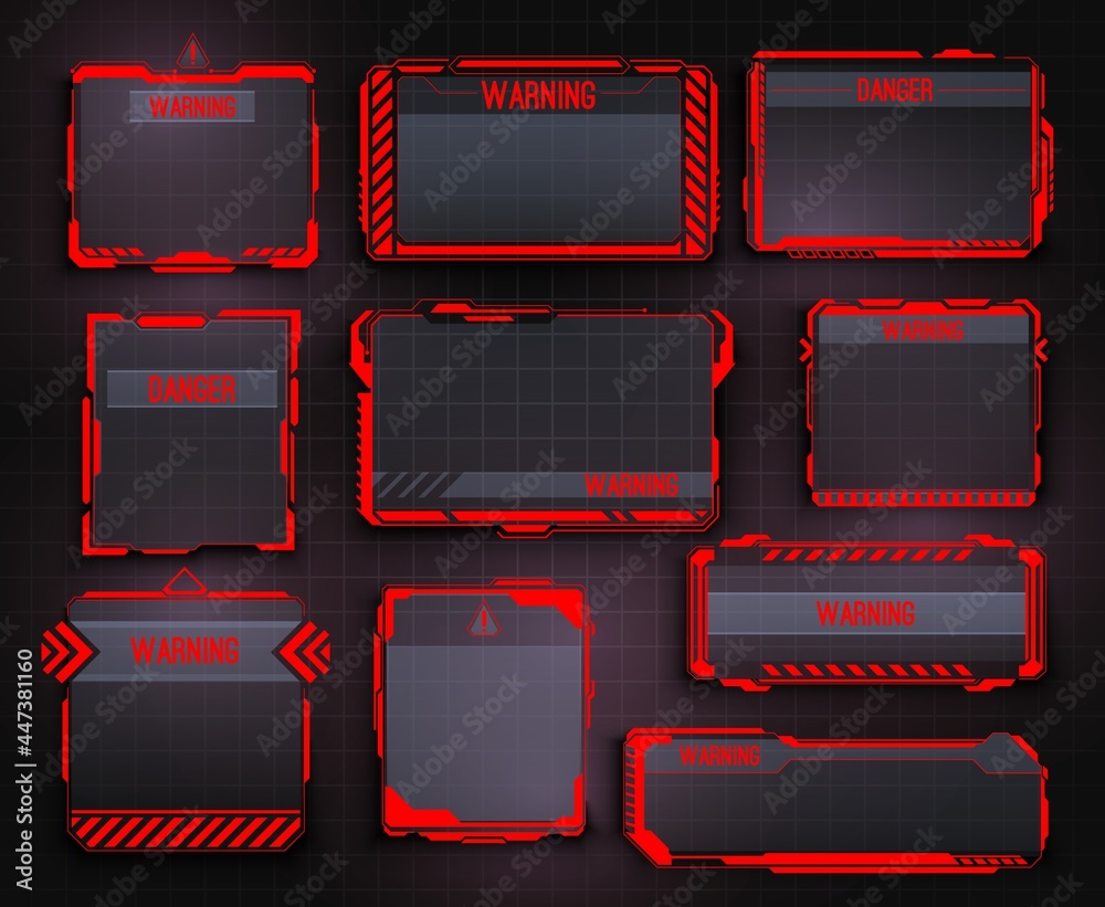 Leinwandbilder HUD warning display and screen frames, danger info borders. Safety system alert window, spaceship caution message and futuristic UI interface warning vector panels with red arrows and high tech frames