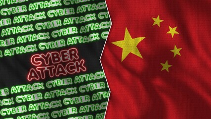 China Realistic Flag with Cyber Attack Titles Illustration
