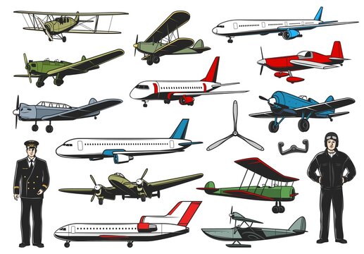 Modern And Vintage Aircraft Set. Civil And Military Aviation Pilot Character. Airline Passenger Airliners, Army Retro Biplane Fighter Or Bomber And Flotaplane With Slender, Aviators In Uniform Vector