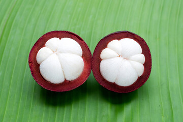 Mangosteen on banana green leaf